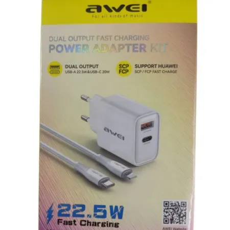 AWEI DUAL OUTPUT 22.5 W FAST CHARGING KIT LIGHTNING