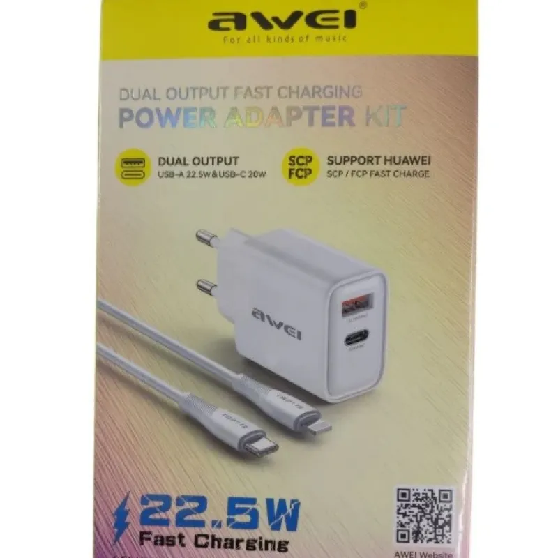 AWEI DUAL OUTPUT 22.5 W FAST CHARGING KIT LIGHTNING