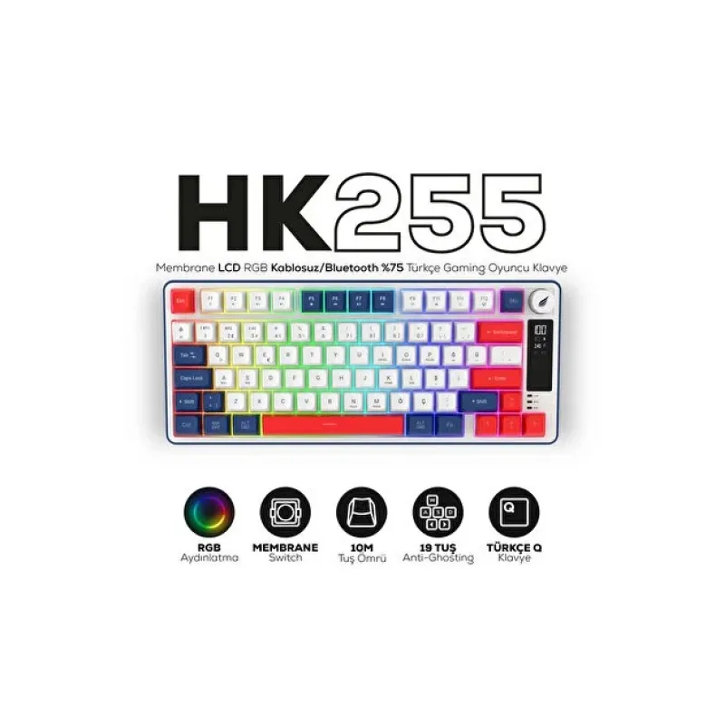 HAWK GAMING HK255 Membrane LCD RGB Kablosuz/Bluetooth Mavi Kırmızı Türkçe Gaming Oyuncu Klavye