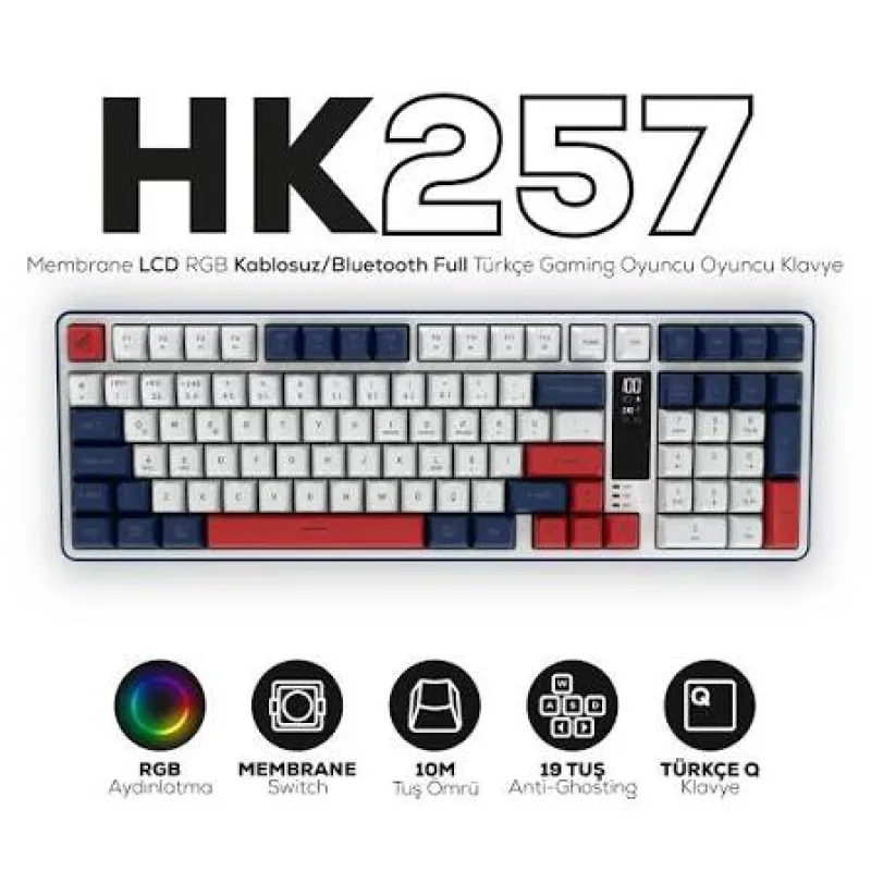 HAWK Gaming HK257 Membrane LCD RGB Kablosuz/Bluetooth Kırmızı Mavi Full Türkçe Gaming Klavye