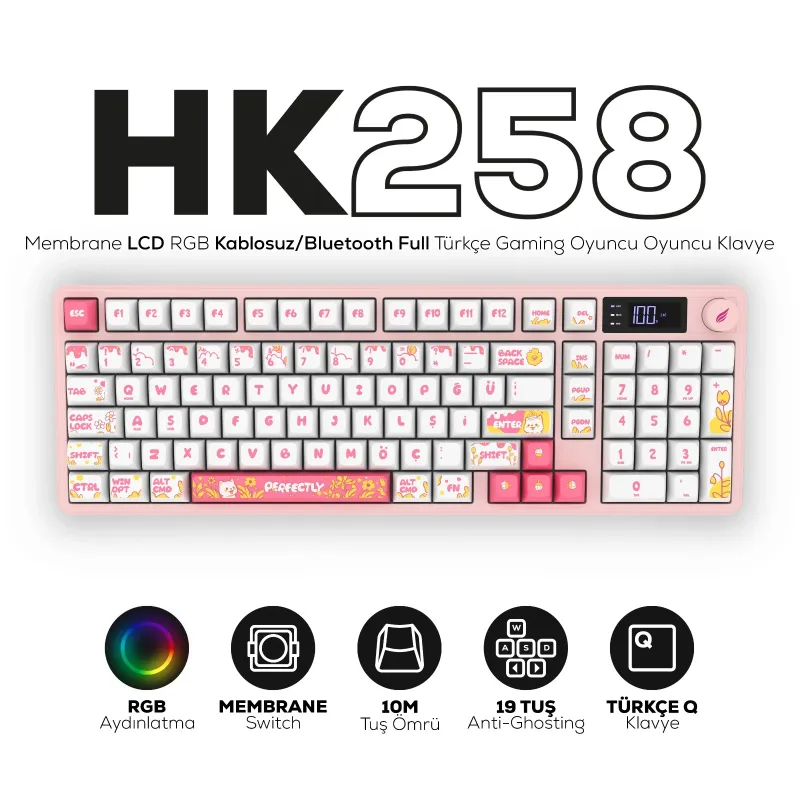 HAWK GAMING HK258WP KABLOSUZ BEYAZ PEMBE KLAVYE