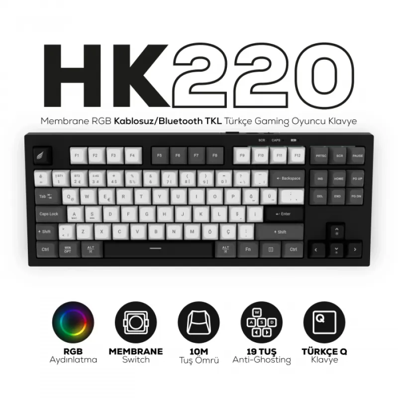 HAWK HK220 Membrane RGB Kablosuz/Bluetooth Siyah Beyaz TKL Türkçe Gaming Oyuncu Klavye