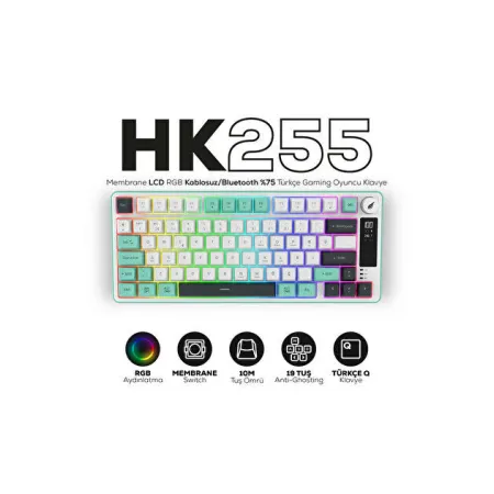 HAWK HK255 MEMBRANE LCD RGB KABLOSUZ/BLUETOOTH GRİ YEŞİL GAMİNG KLAVYE