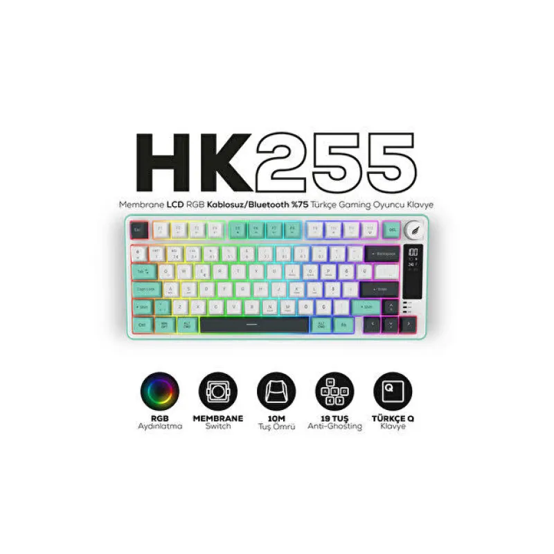 HAWK HK255 MEMBRANE LCD RGB KABLOSUZ/BLUETOOTH GRİ YEŞİL GAMİNG KLAVYE