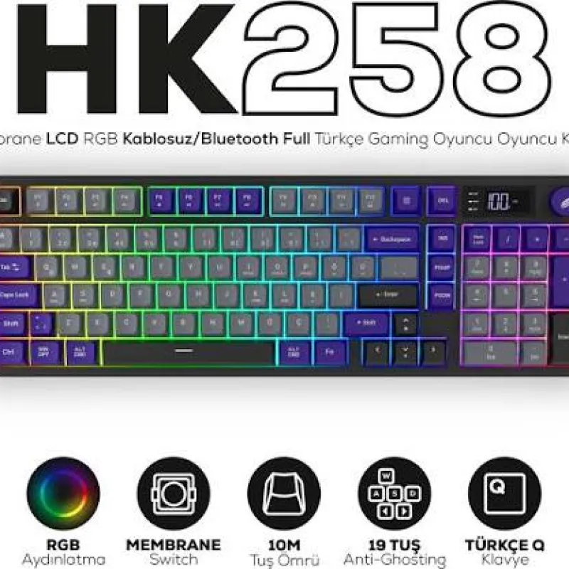 HAWK HK258 Membrane LCD RGB Kablosuz/Bluetooth Gri Mor Gaming Oyuncu Klavye