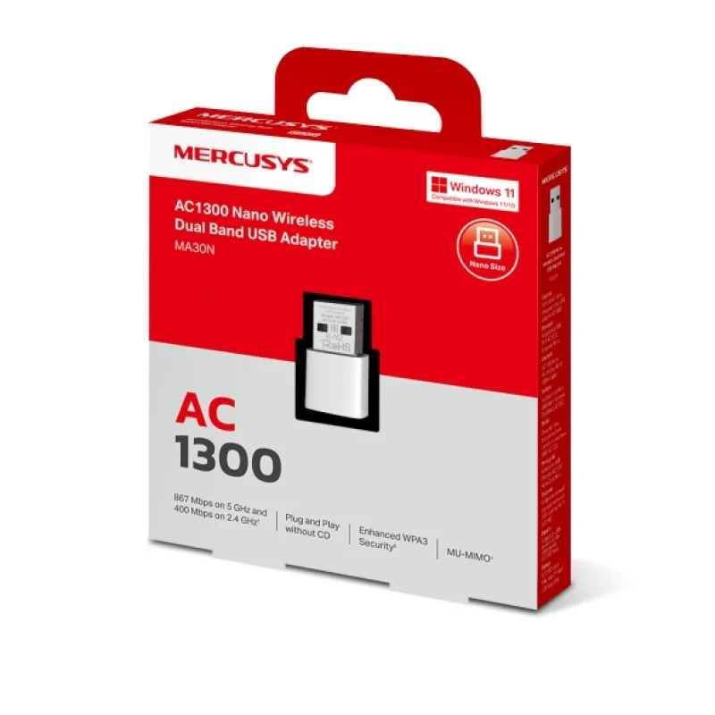 MERCUSYS MA30N AC1300 Mbps Dual-Band Wi-Fi 5 Nano USB Adaptör