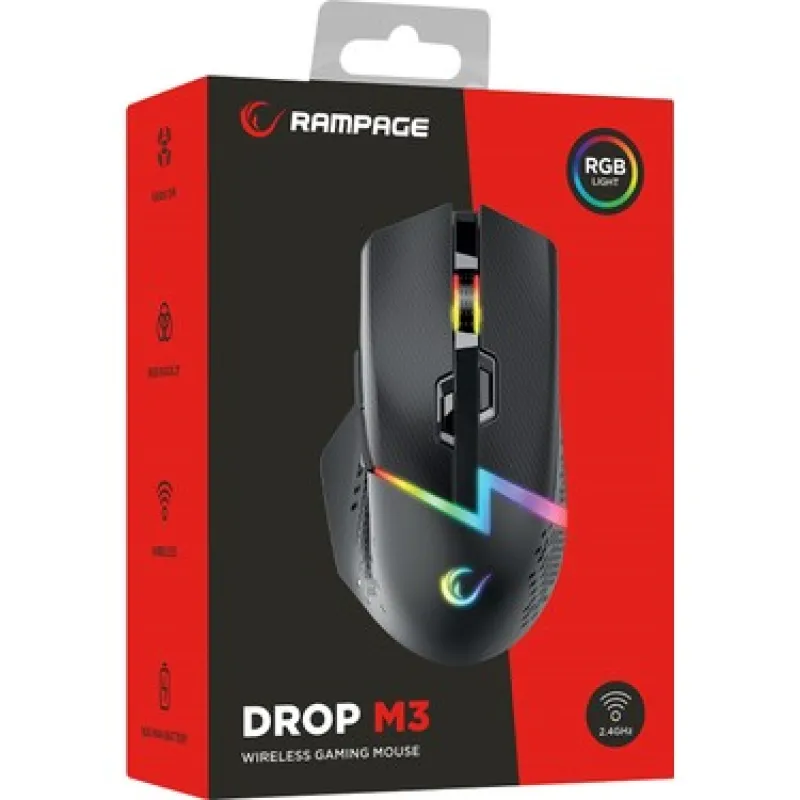 RAMPAGE DROP M3 V2 KABLOSUZ 24000 DPI SIYAH RGB SARJLI GAMING MOUSE
